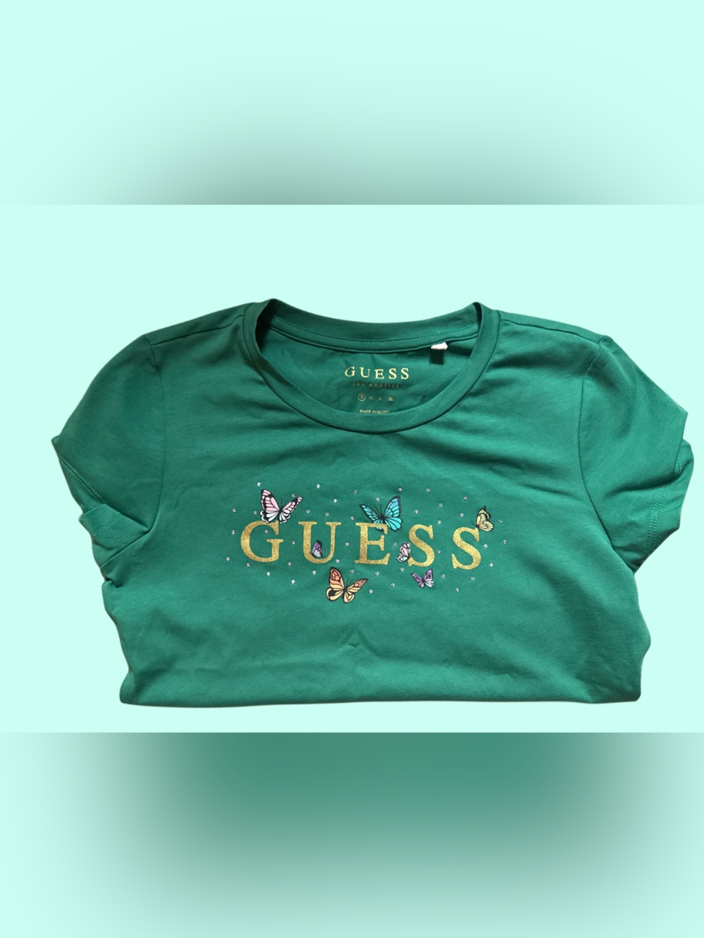 GUESS Green Short-Sleeve Tee with Gold Logo & Butterflies